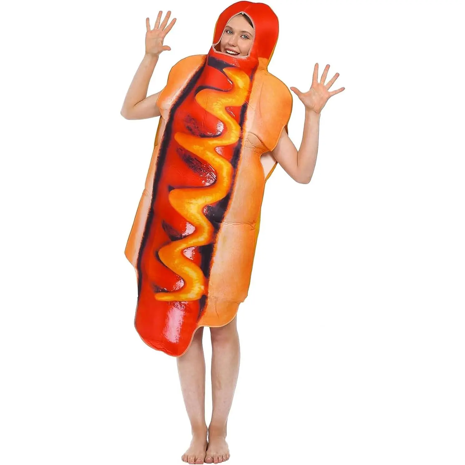 Funny Hot Dog Costume for Adults – Comfy Unisex Food Halloween Outfit, One Size Fits Most, Perfect for Couples & Group Theme Party, Cosplay Dress Up