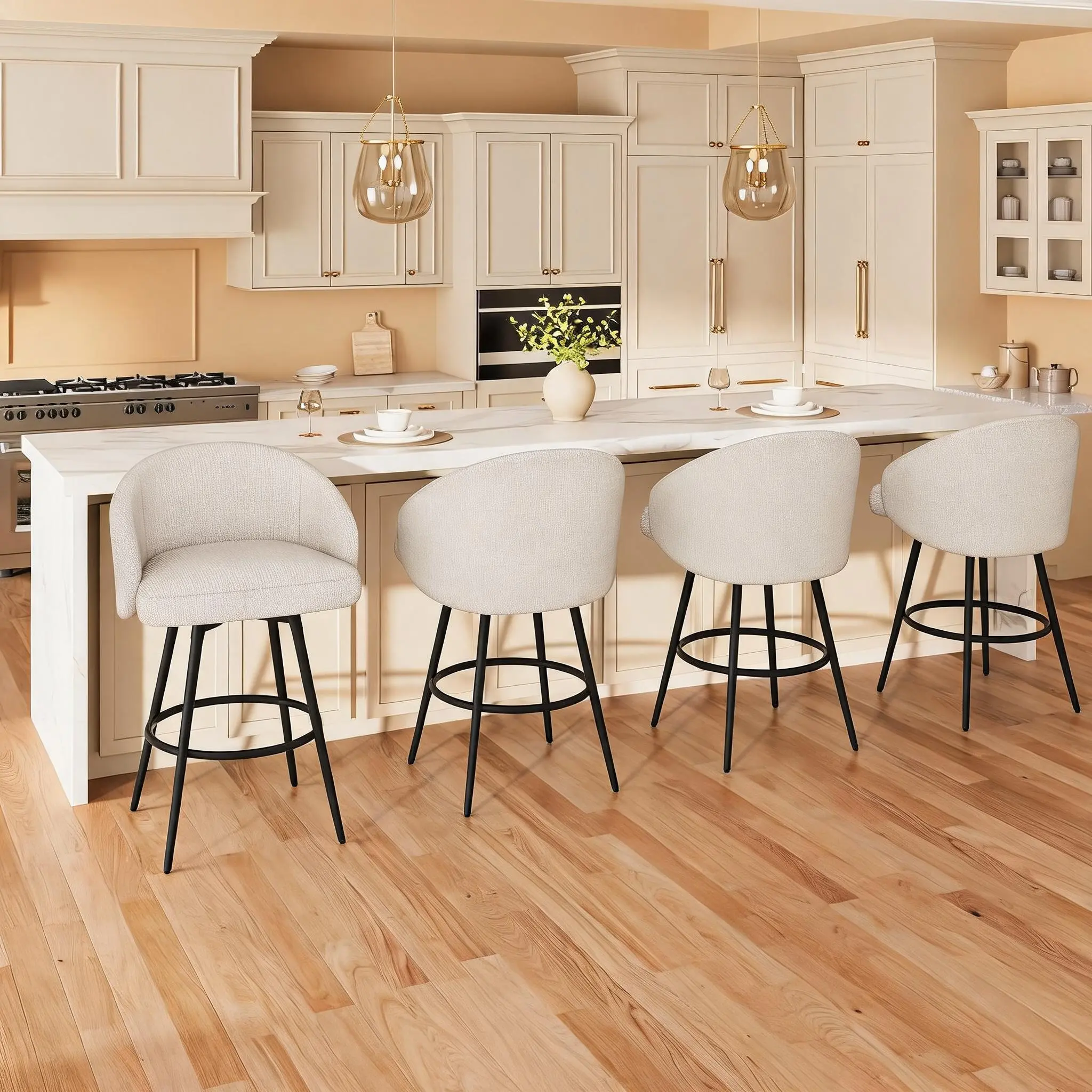 Set of 4 Beige 360° Swivel Counter Height Bar Stools, Upholstered Modern Barstools with Backs & Footrest for Kitchen Island, Dining Room