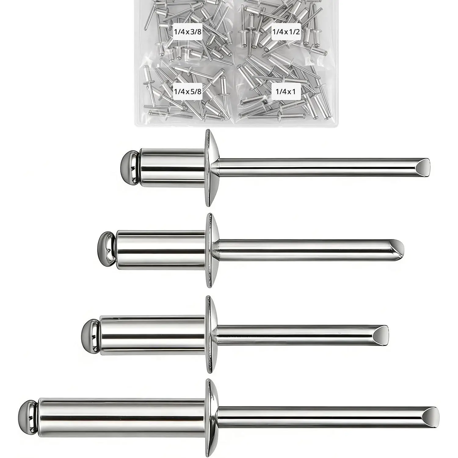 70 Pcs 1/4 Inch Pop Rivets Assortment Kit - 4 Sizes Aluminum Blind Rivets 1/4" x 3/8", 1/2", 5/8", 1", Dome Head Rivets for MetalGift