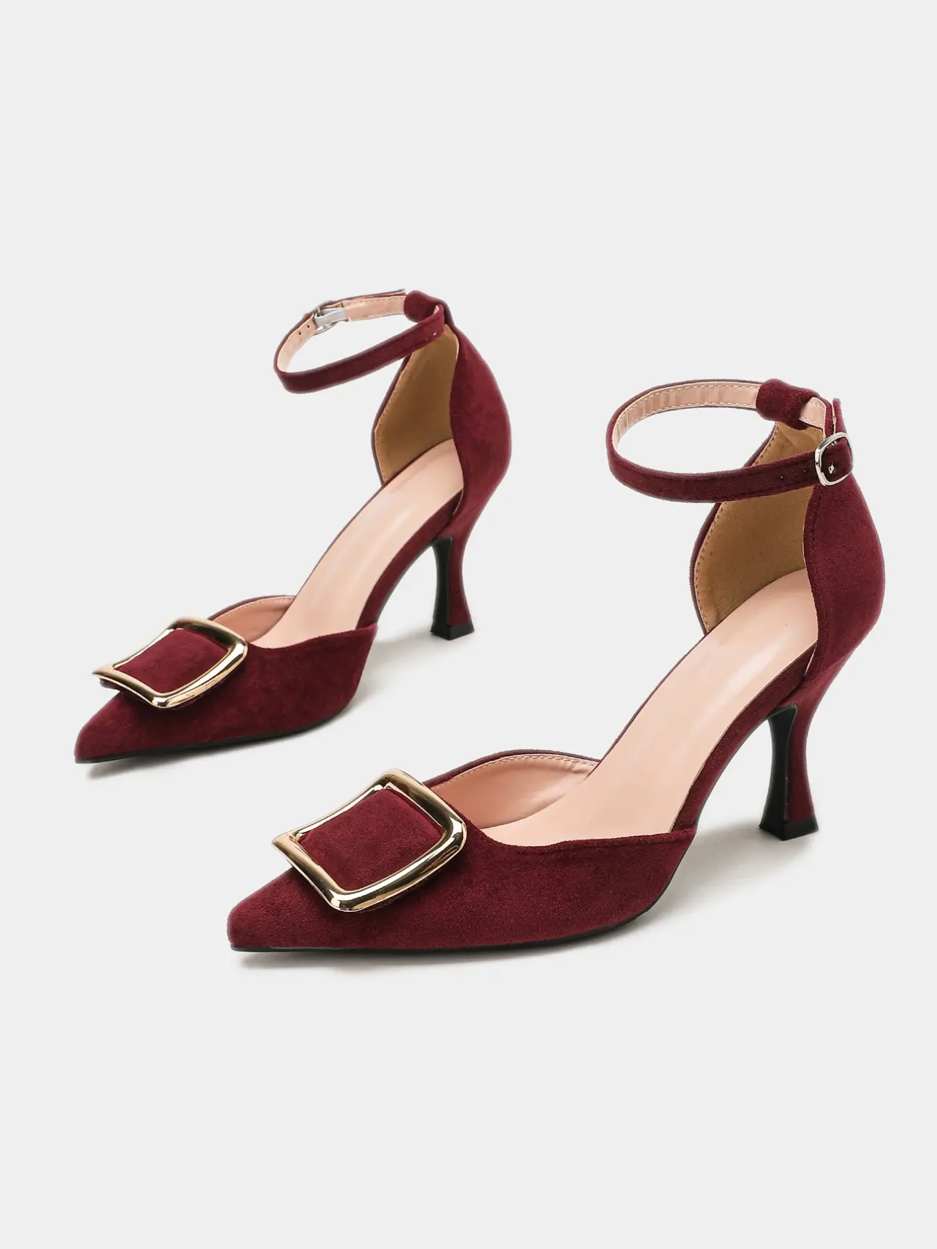 Women’s Pointed Toe Ankle Strap Pumps, Suede-Look High Heel Dress Shoes with Gold-Tone Buckle for Wedding Guest, Party and Evening, Multiple Colors