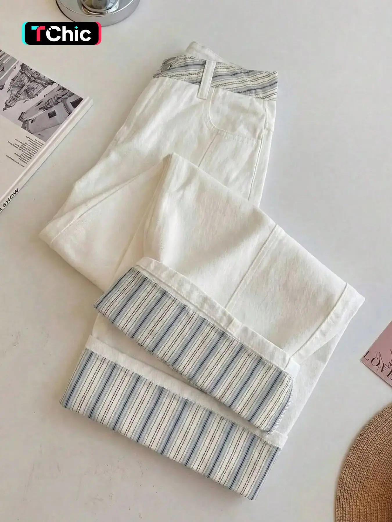 Women Cuffed Wide Leg Jeans, Striped Waist & Hem Contrast Denim, Cropped Loose Casual Trousers, Mid Waist, All Seasons
