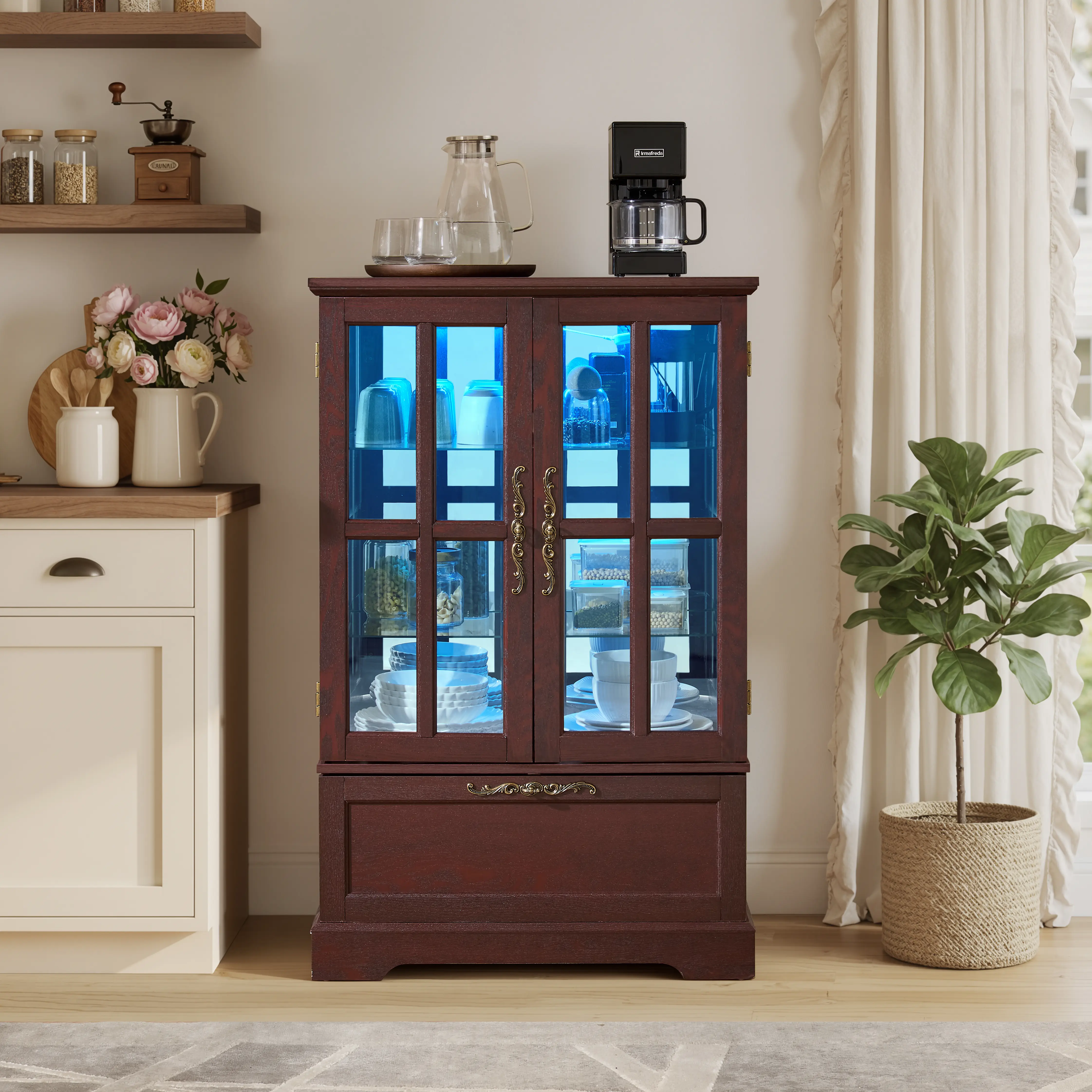 ARCH Dark Cherry Display Cabinet with RGB Light Strip and Flip-Top Drawer Freestanding Glass Bookcase Storage Cabinet for Living Room Dining Room Bedroom Entryway MDF+Glass 15.47Wx30Dx46.89H, Cherry Color Options, MDF+glass Material
