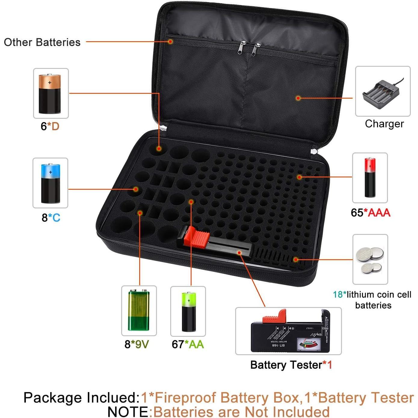 Fireproof  Organizer Storage Case  & Explosionproof, Safe Bag Fits 210+  Case - with Tester BT-168, Carrying Container Bag Energy   AAA C D 9V Lithium 3V Holder