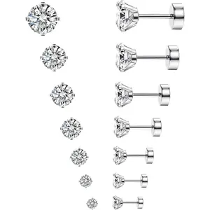Hypoallergenic Flat Back Earrings for Women & Men, 7 Pairs Stainless Steel Stud Earrings with Flat Backs, Screw Back Cartilage Earrings Set with CZ for Sensitive Ears