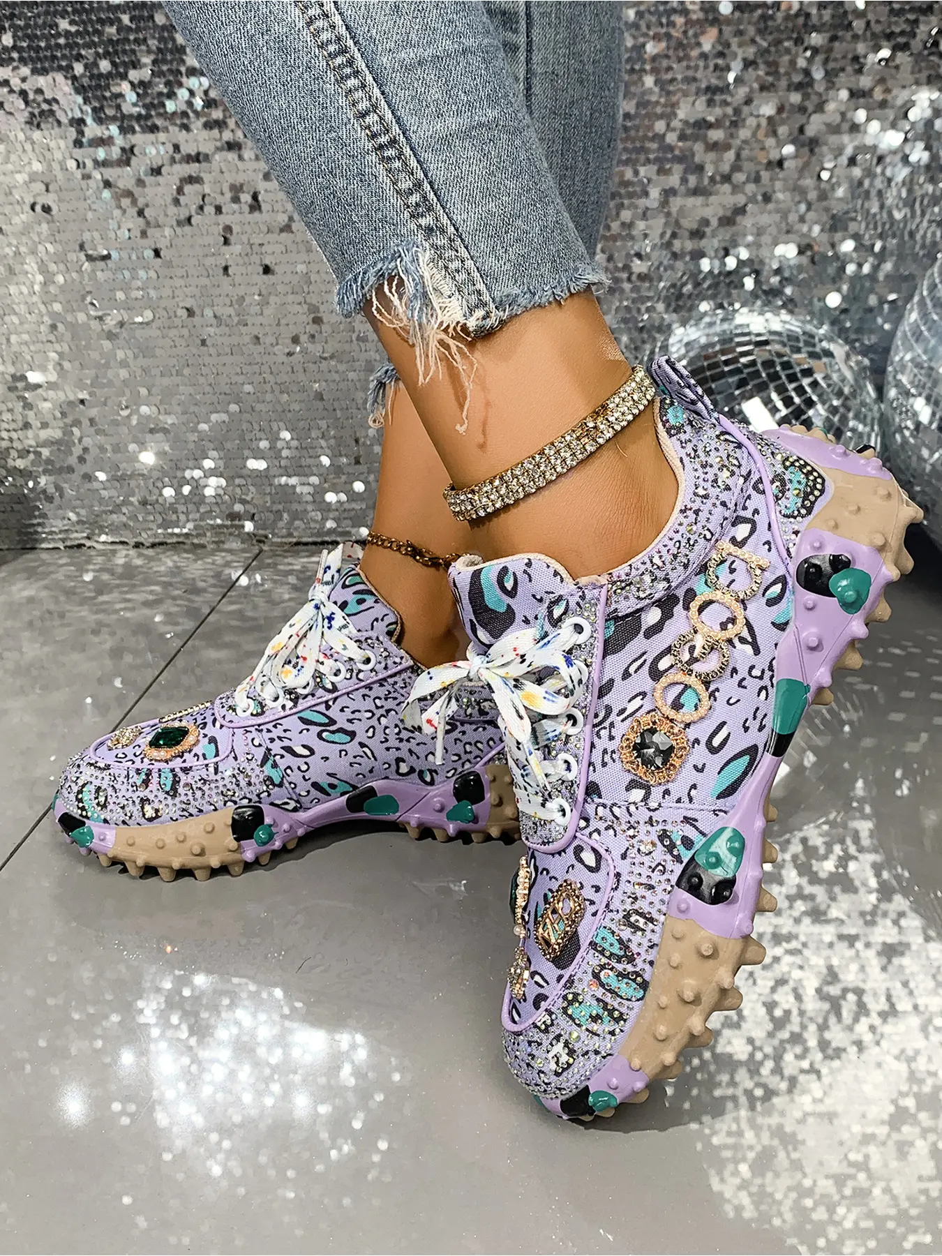 Ladies Pastel Purple Animal Print Bling Rhinestone Low Chunky Casual Trendy Trainers Sneakers 4cm Anti Slip Spike Sole Emerald Gem Decor Nightclub Concert Sparkly Footwear