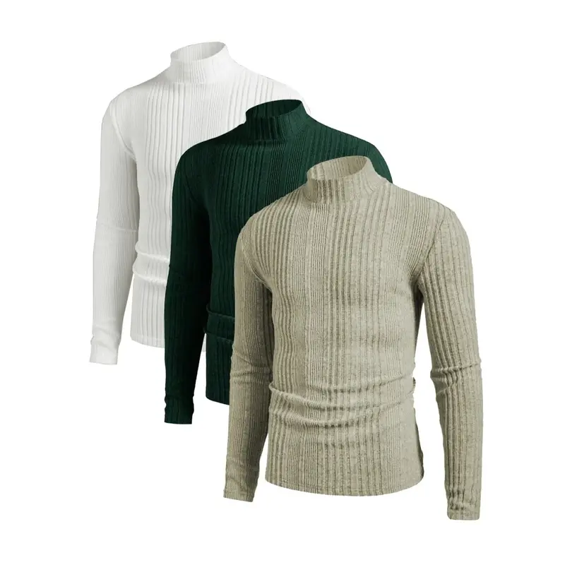 Men's Mock Neck Stylish Slim Fitted Pullover Knitwear Sweater Set, Plain Long Sleeve T-Shirt, Slim-Fitting Casual & Formal Wear, Fall&winter Fashion, Fashion Knit Clothing