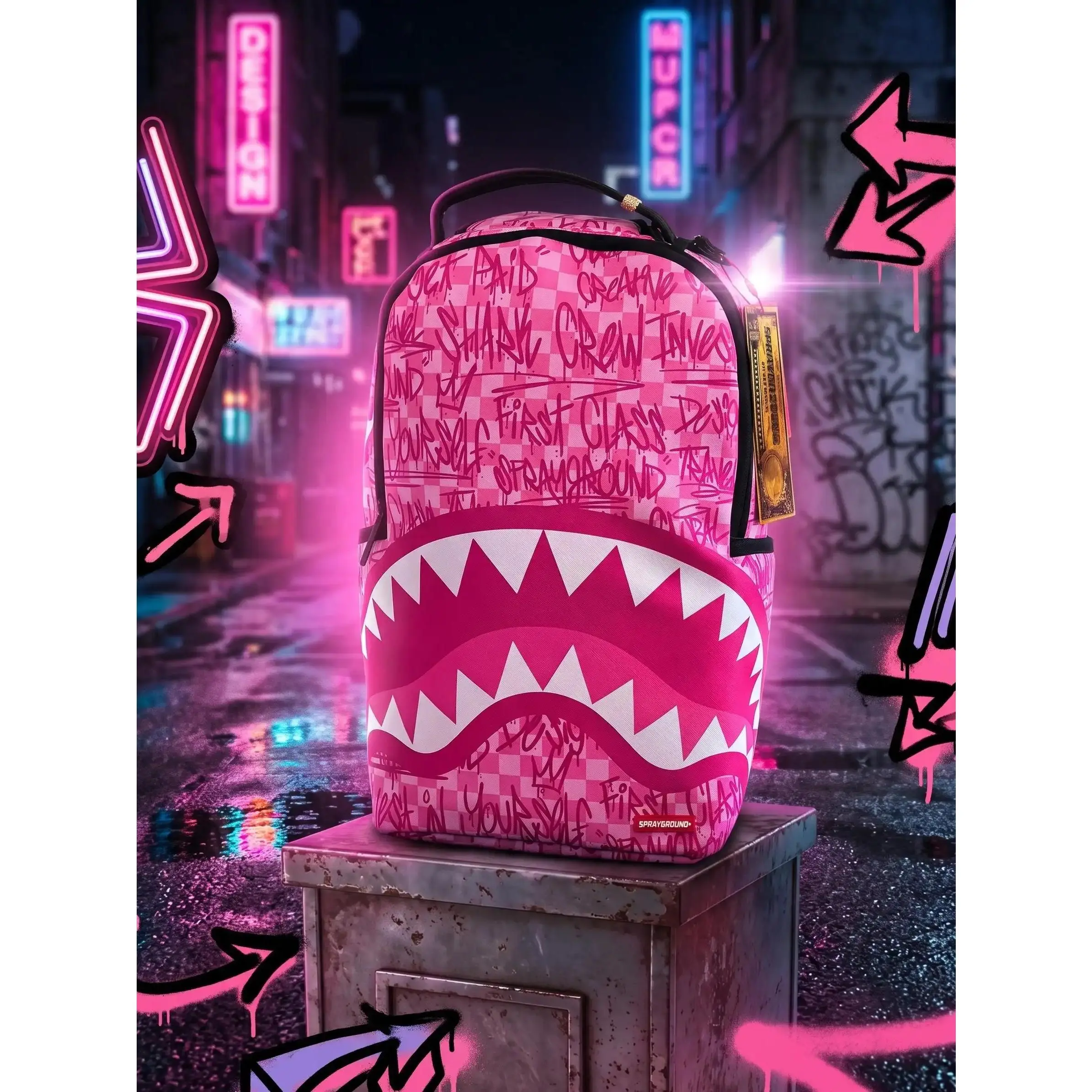 SG Pink Checkerboard Graffiti Shark Backpack, Pink White Shark Mouth, Streetwear School Travel Laptop Daypack for Women
