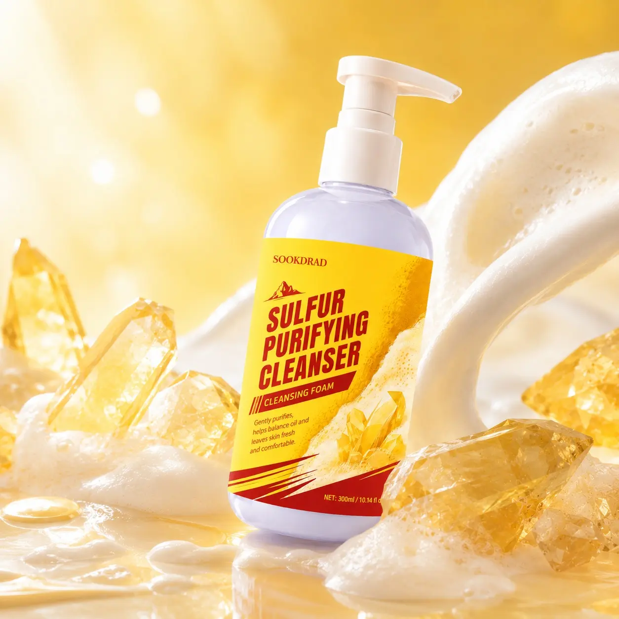Sulfur Purifying Cleansing Foam, contains sulfur, gently purifies, balances oil, leaves skin fresh and comfortable, for face, 300ml/10.14 fl oz