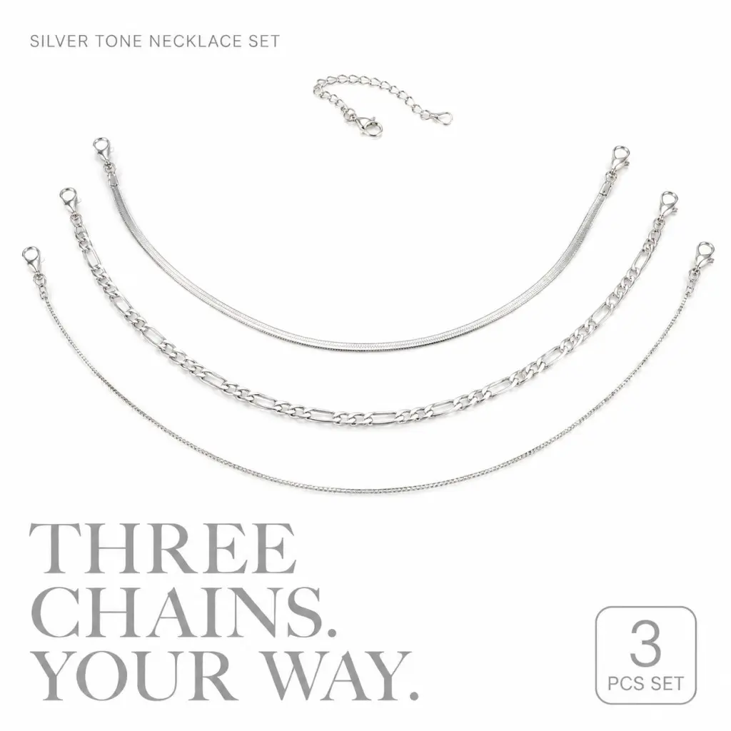 Women's Silver-Tone 3-Piece Layered Necklace Set - Herringbone, Figaro & Delicate Thin Chains, 5cm Adjustable Extender, Minimalist Stackable Costume Jewelry for Daily Wear, Gifting for Her