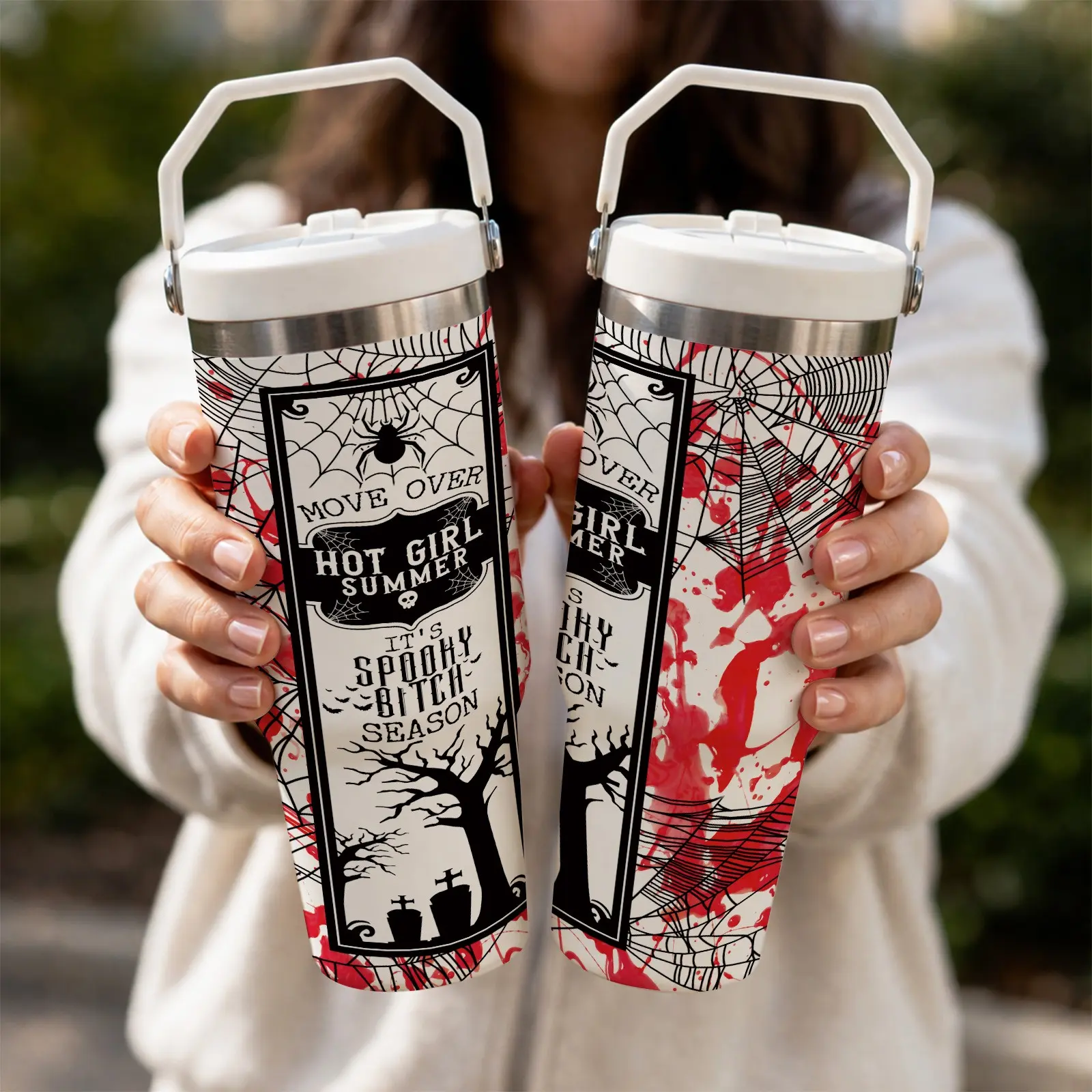 30oz Halloween Tumbler with Handle and Straw, Spooky Spider Web Gothic Design Insulated Travel Cup, Black Red Horror Aesthetic Coffee Mug, Large Capacity Reusable Water Bottle for Women & Girls, Creepy Cute Halloween Gift, Trending Fall Season Cup
