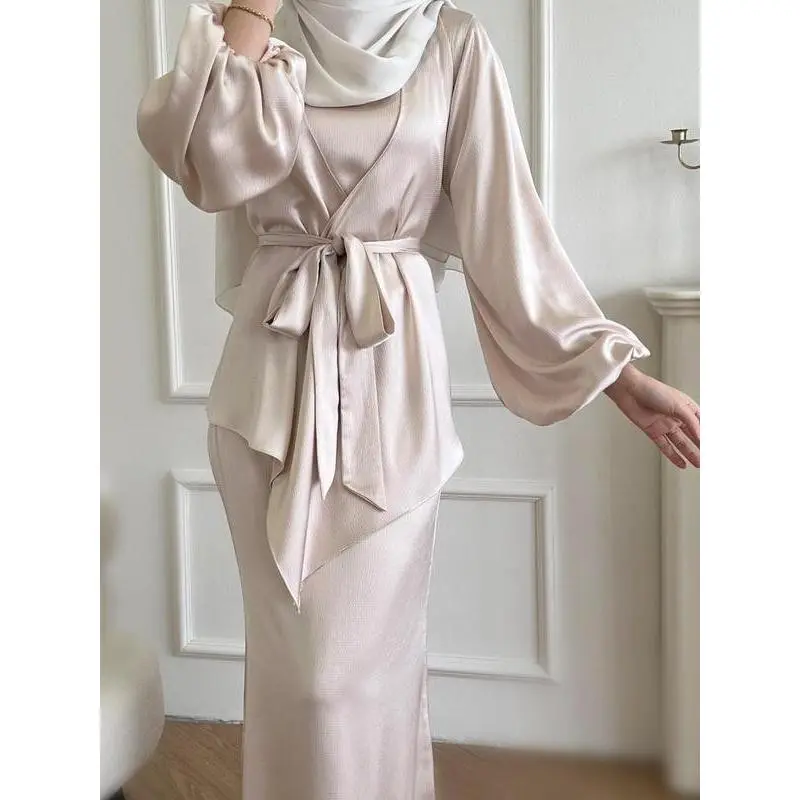 Two-Piece Set Women's Plain Lantern Sleeve Asymmetrical Hem Belted Abaya & Tank Dress Islamic Set, Modest Casual Two Piece Outfits for Daily Outdoor Wear, Ladies Clothes for All Seasons