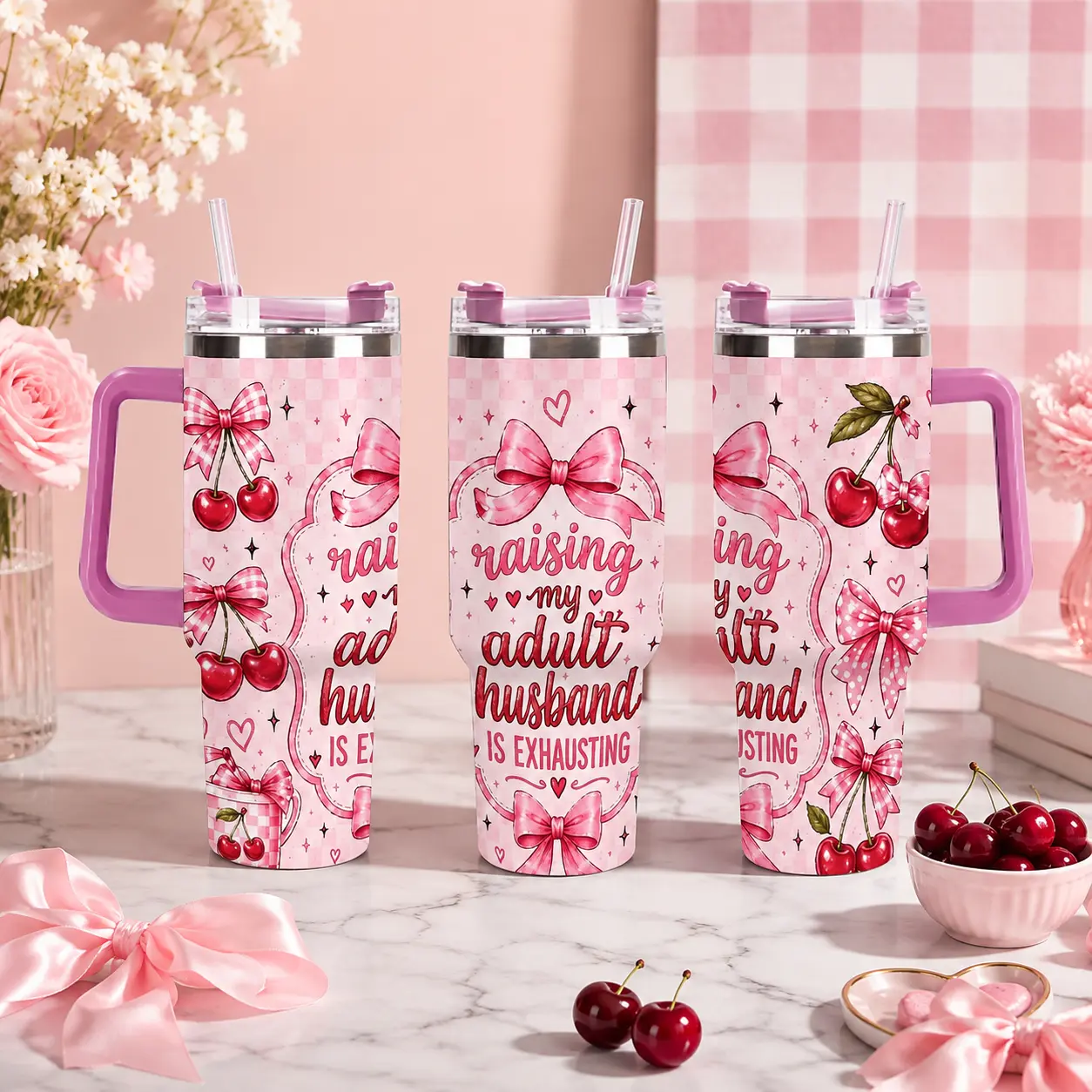Pink Coquette Bows & Cherries 40oz Tumbler |   Funny Sarcastic Wife Gift |   Raising My Adult Husband is Exhausting |   Trendy Pink Checkered Insulated Water Bottle with Handle