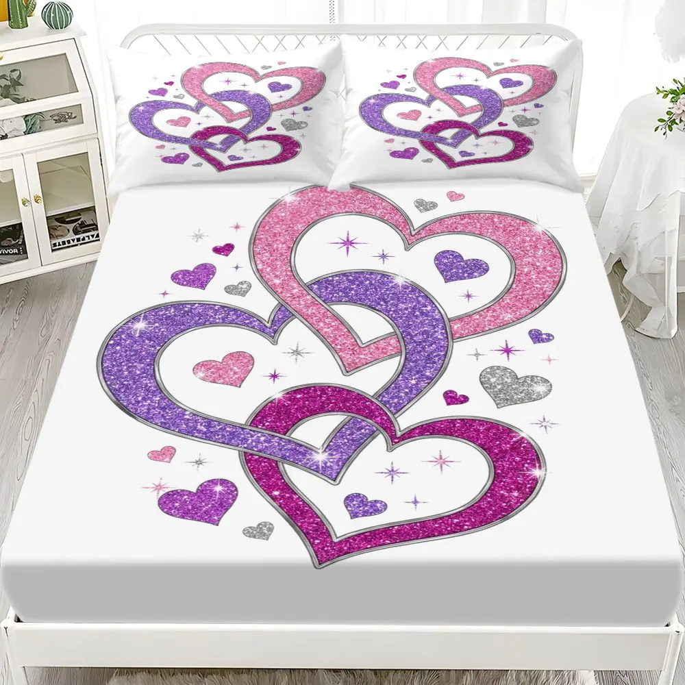 3-Piece Heart Print Bed Sheet Set, Breathable Polyester, Suitable for Bedroom, Guest Room, Master Suite, Includes 1 Bed Sheet and 2 Pillowcases