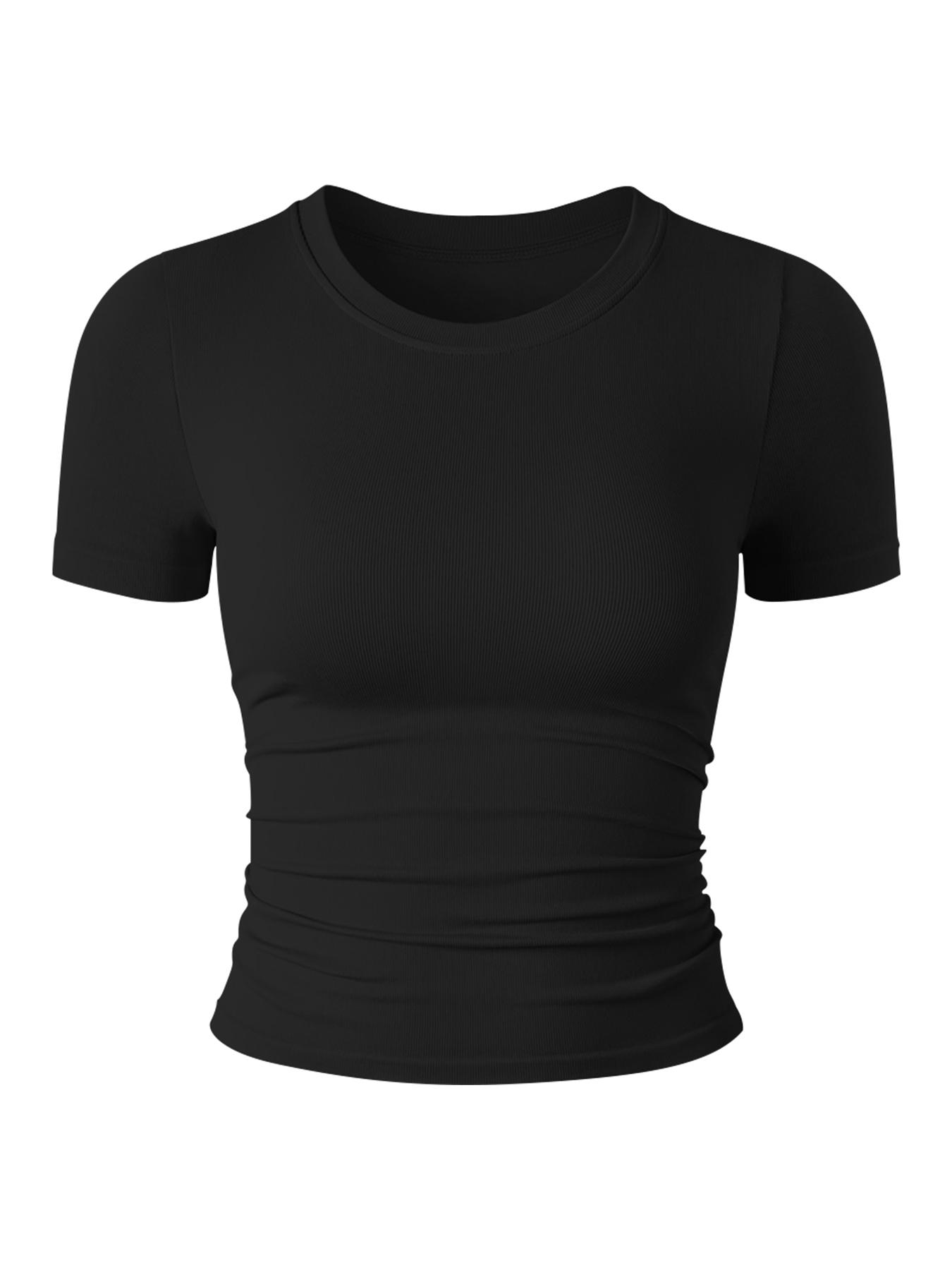 Women's Solid Color Round Neck Sports Tee, Athletic Top, Breathable Comfortable Short Sleeve T-shirt for Yoga Gym Workout, Ladies Sportswear for Summer
