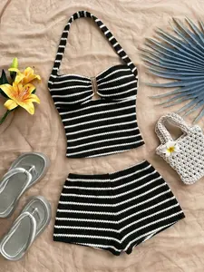 Women's Vacation Striped Halter Neck Top and Shorts Set, Casual Daily Wear, Perfect for Holidays, Parties, Beach, Sleeveless, Slim-Fit