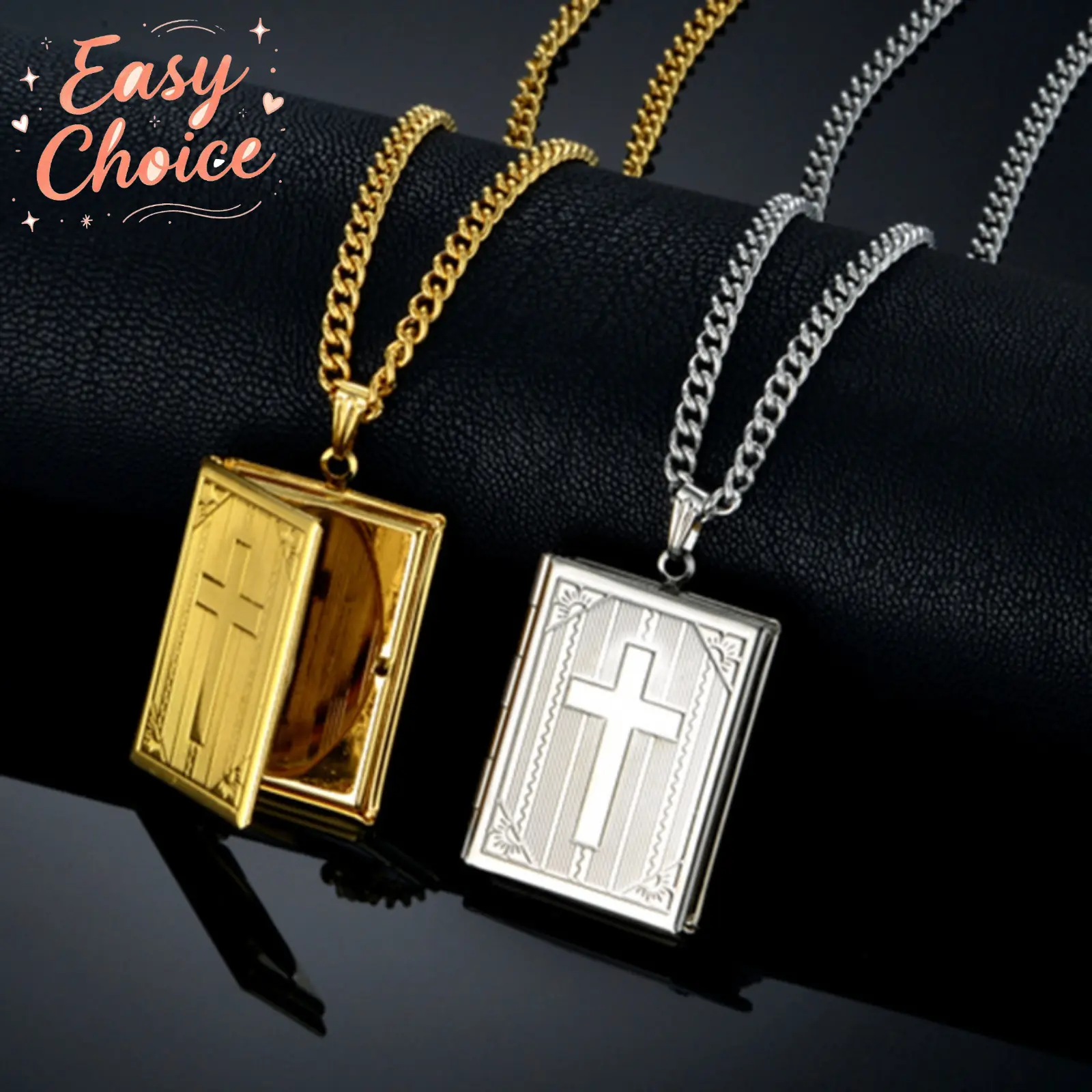 Brass Locket Cross Pendant Necklace, Vintage Bible‑Style Openable Photo Frame Charm Chain, Religious Keepsake Neck Jewelry, Fashion Memorial Accessory for Daily Wear, Religious Occasion & Sentimental Gift‑Giving