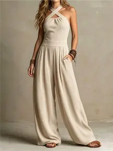 Women’s Halter Jumpsuit, Wide Leg One Piece, Sleeveless Cross Neck, Loose Fit Casual Romper, Vacation Resort Wear with Pockets