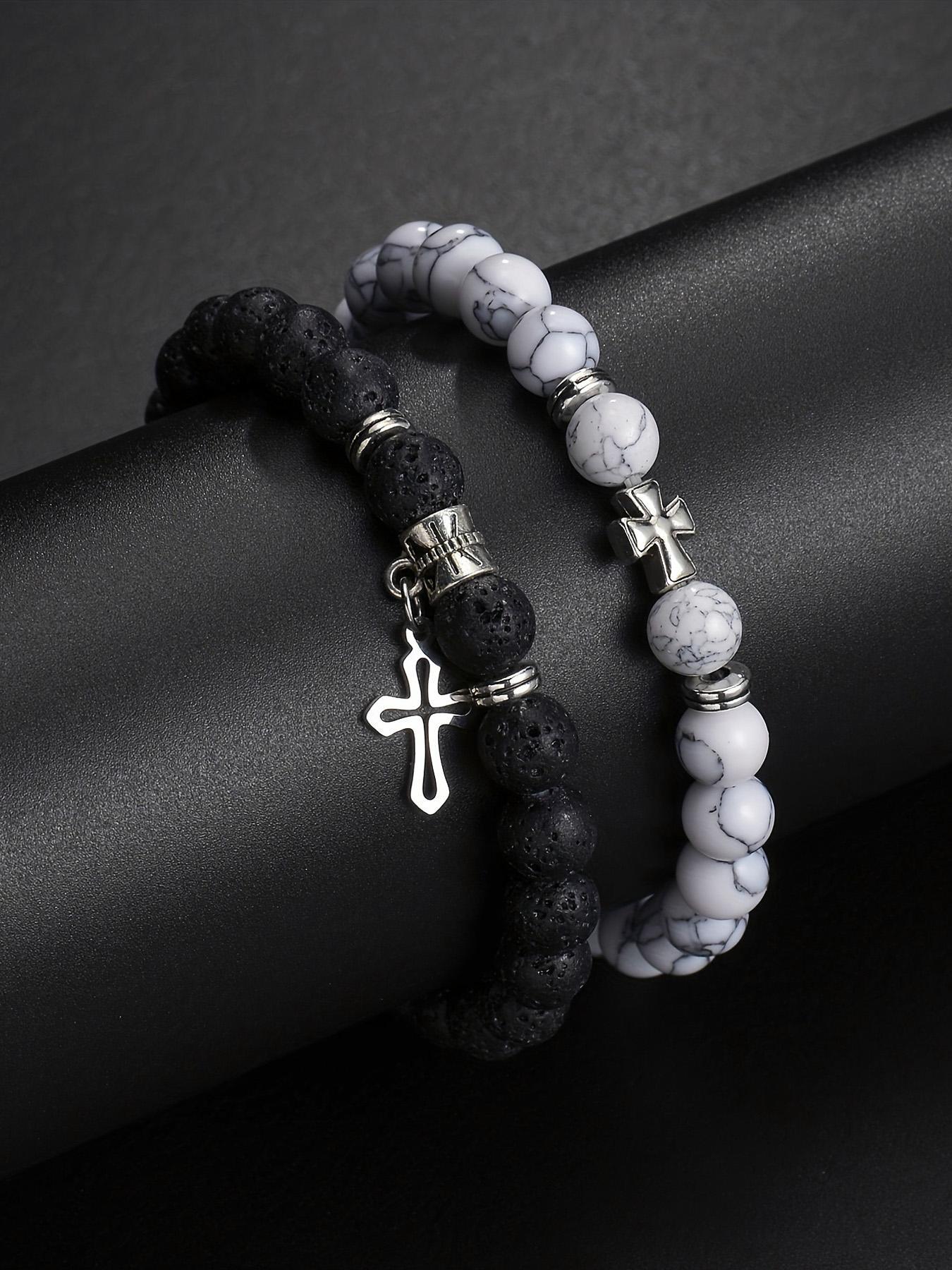 Stone & Cross Charm Decor Beaded Bracelets Set, Fashionable Jewelry for Women & Men, Trendy All-match & Exquisite Jewelry for Birthday Gift, Stackable Bracelets