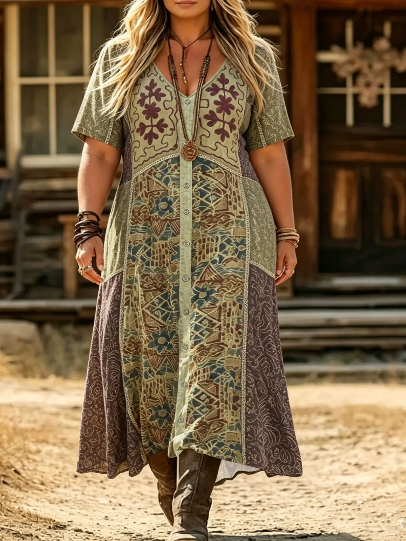 Plus Size Women's Vintage Ethnic Patchwork Dress, Flowy V-Neck Casual Beach Long Dress, Bohemian Style Summer, Casual Wear