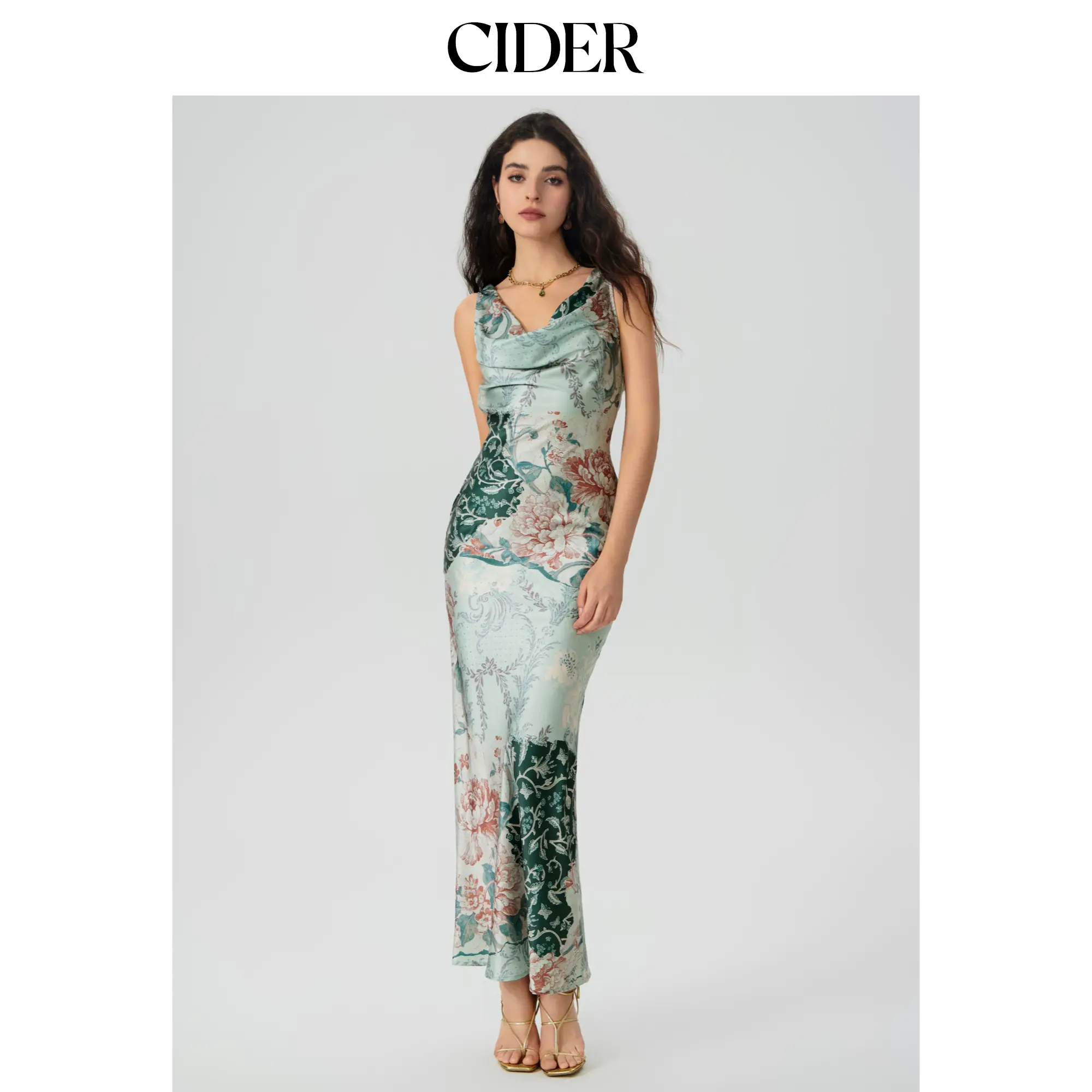 Women's Satin Cowl Neck Floral Maxi Mermaid Cider Dress, Size 0-26 SummerFinds