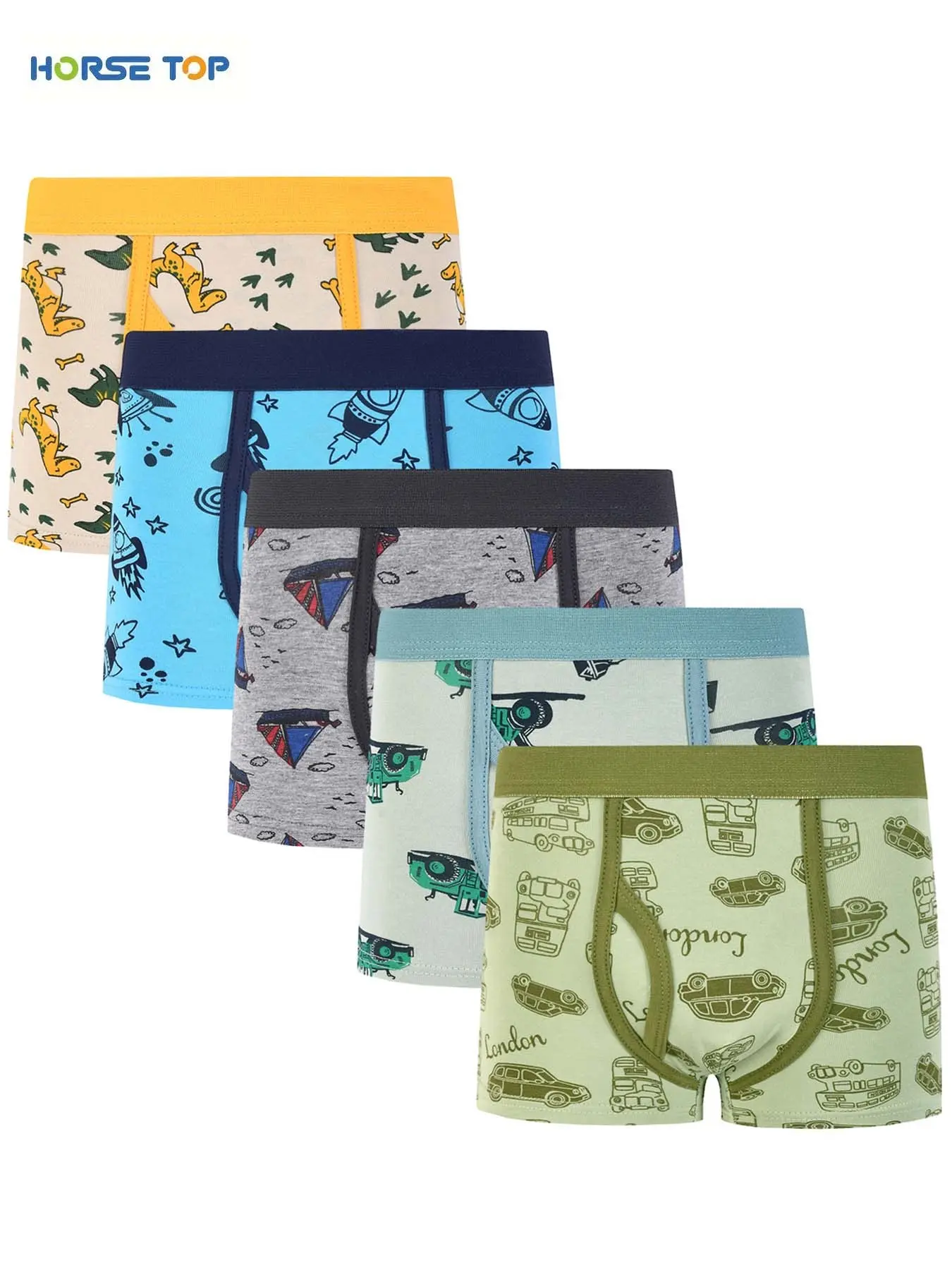 Horse Top 5-Pack Boys' Print Briefs, Dinosaur Car Elastic Comfortable, 2y-9y Kids Daily Wear, Casual Loose-Fitting Underwear, Toddler Underwear, All Seasons