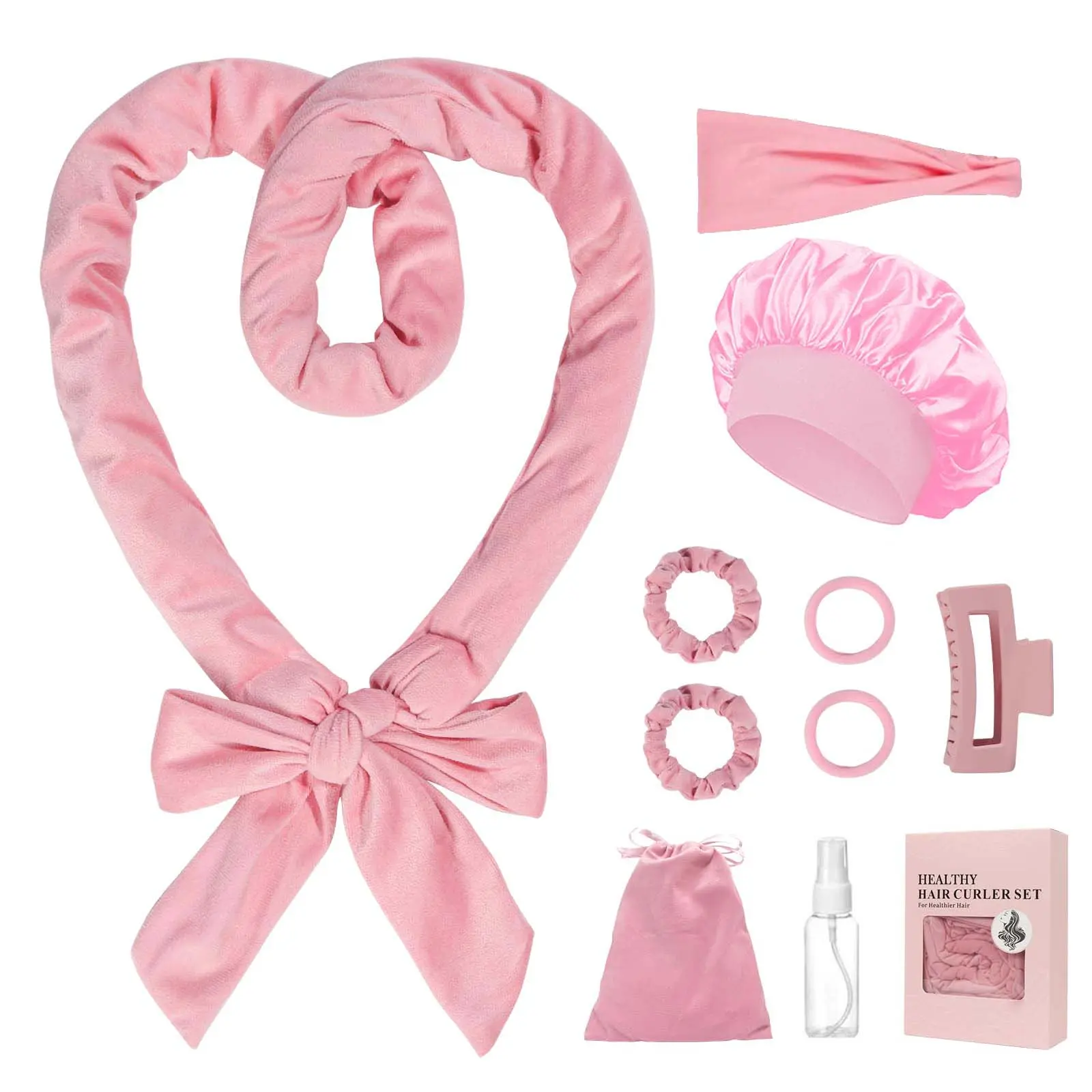 No Heat Overnight Curl Headband, 70" Soft Wave Hair Rollers for Long Hair, 9 PCS Hair Curling Rods Gift Set - Pink