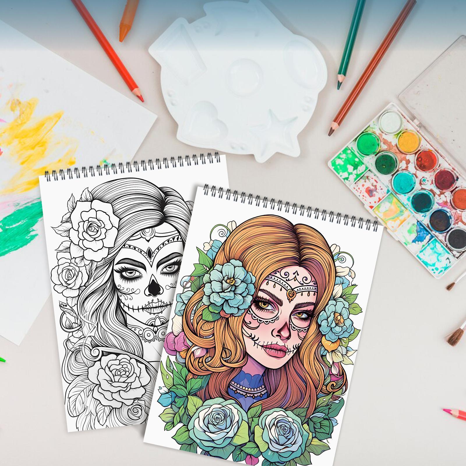 Sugar Skull Coloring Book, 24 Pages Thick A4 Paper, 11.22 X 8.26 Inches, Single Sided, Yo Spiral Binding, Perfect Gift for Holidays