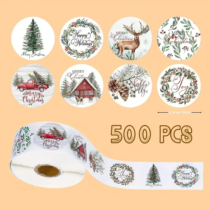 500PCS Christmas Snowy Landscape Stickers Roll, Winter Holiday Self Adhesive Sealing Labels for Gift Wrapping, Envelopes, Packaging Decoration, Festive Party Supplies