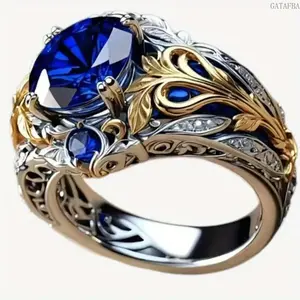 Vintage Inlaid Sapphire Ring for Women, Minimalist Unique Band, Trendy Retro Gem Jewelry for Daily Party Wear, Female, Inlay