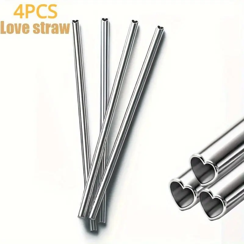 4pcs Straw Drink Milk Tea Juice Straw Stainless Steel Heart-shaped Straw Beverage Utensil Tumbler Accessories