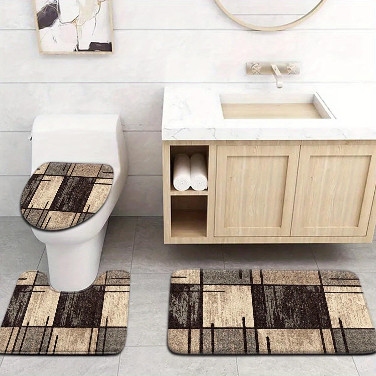 Bathroom Rug Set, Flannel Absorbent Non-Slip Bath Mats, Retro Geometric Grid Design, Washable Floor Mats for Tub, Shower, Toilet, U-Shaped Contour Mat & Lid Cover for Bathroom Decor