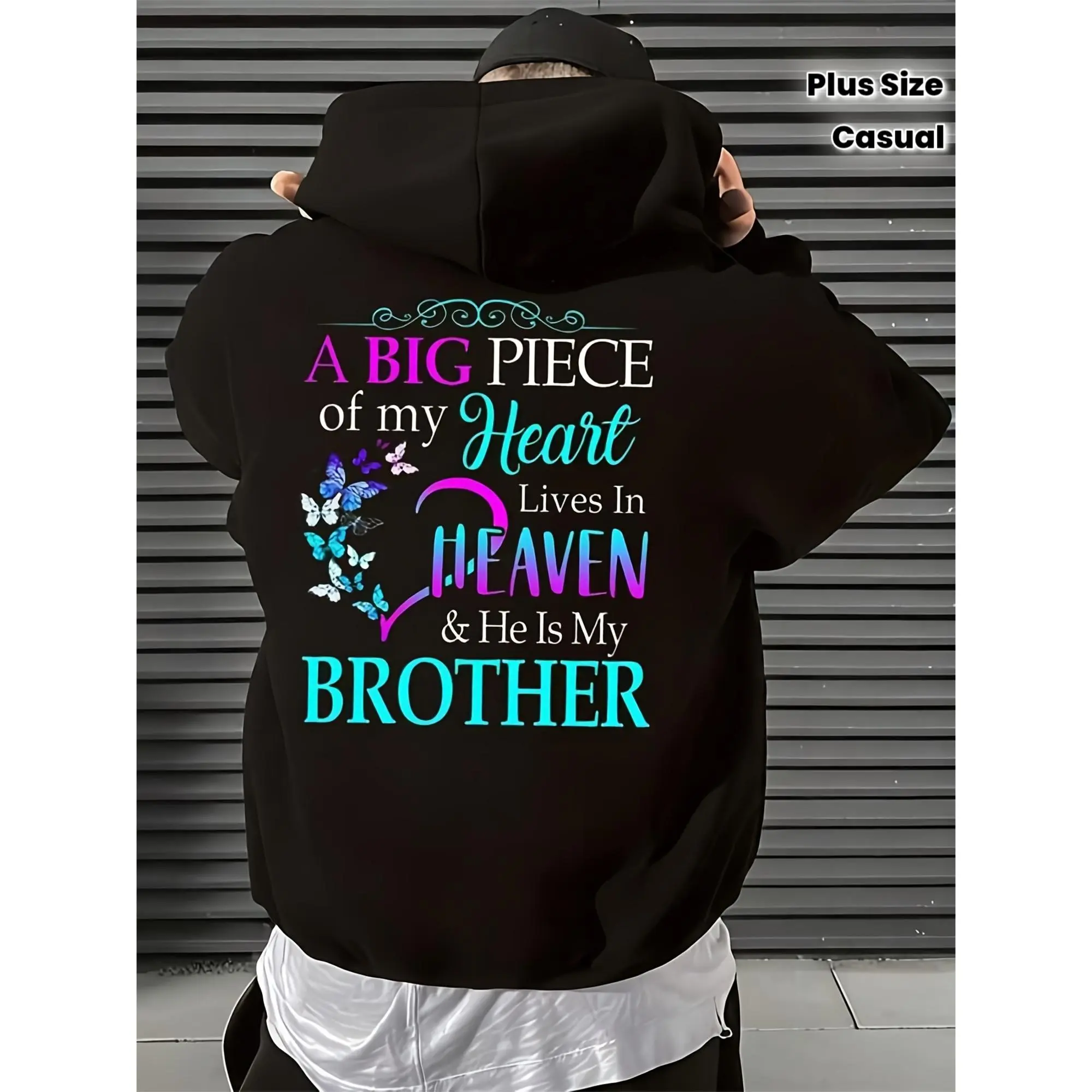 Men'S Hooded Sweatshirt for Plus Sizes (Featuring Back Design) - A Tribute Hoodie for Brothers, Expressing That a Significant Part of My Heart Resides in Heaven, He Is My Back Design, Casual Long Sleeve Hoodie with Heart Design