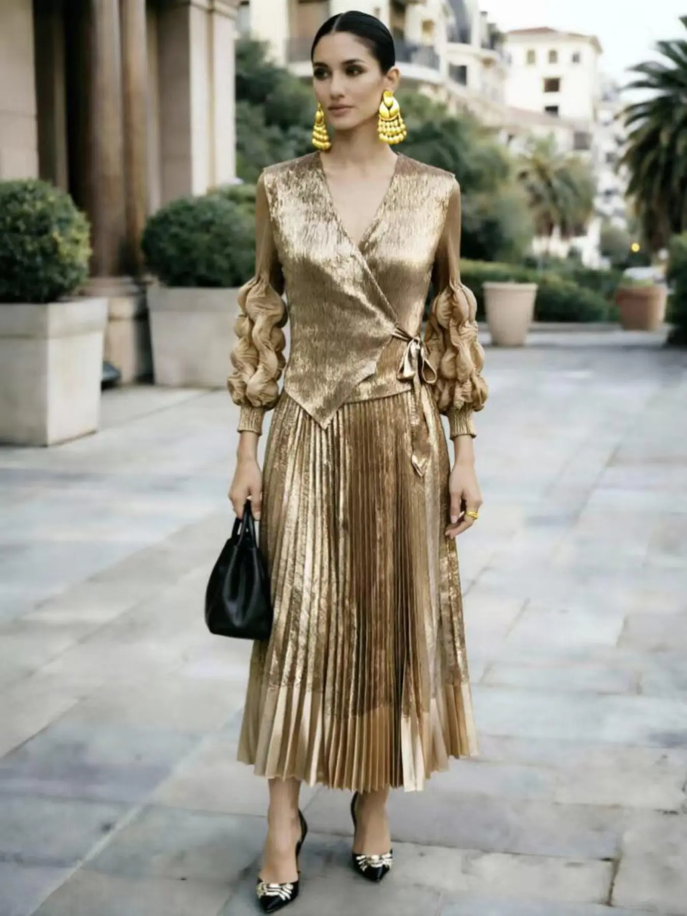 Elegant V-Neck Metal Pleated Midi Dress, Metallic Long Sleeve Wrap Waist Party Dress for Women, Stylish Chic Evening Gown for Special Occasions