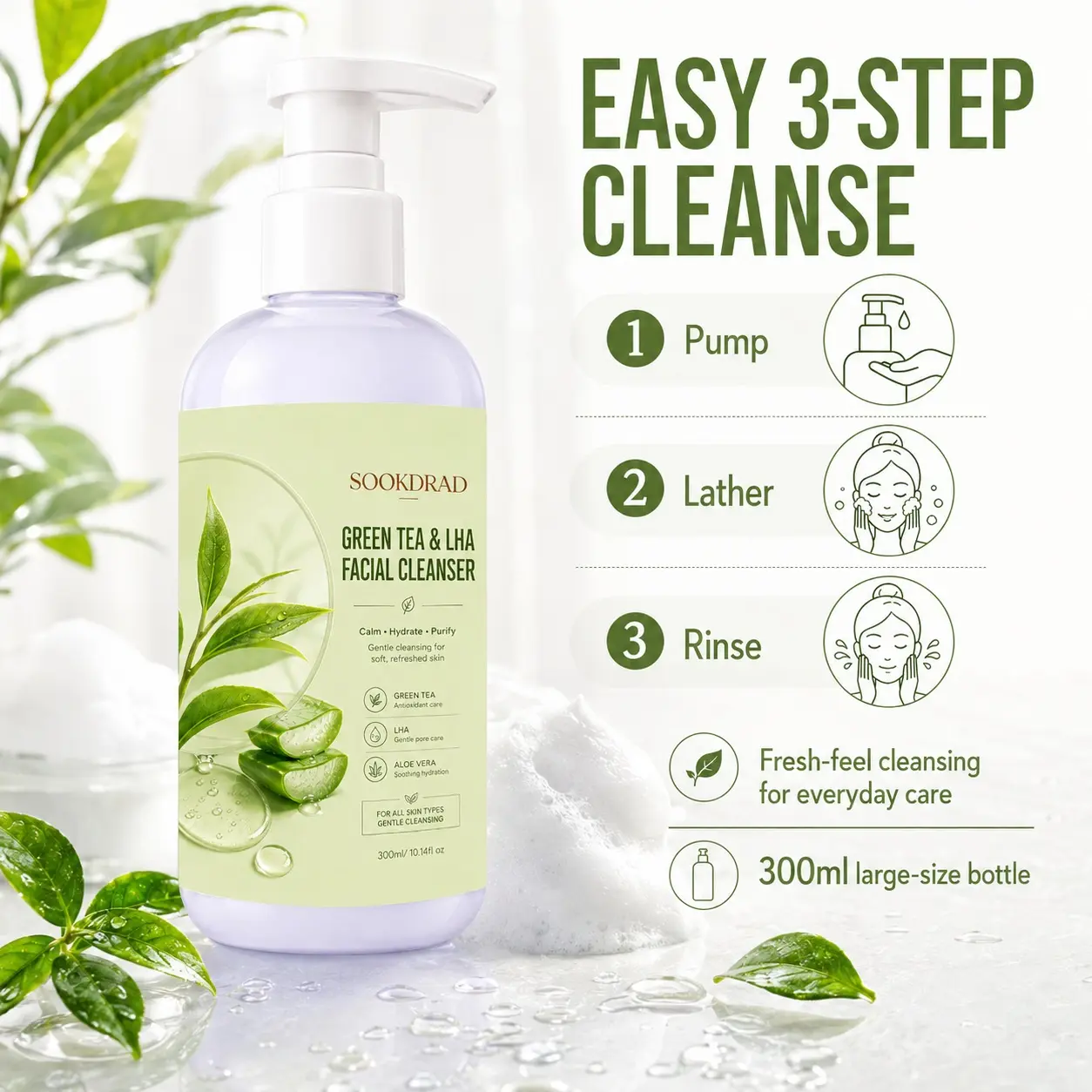 Green Tea & LHA Facial Cleanser, Green Tea, LHA, Aloe Vera, calm, hydrate, purify, gentle cleansing, facial, all skin types, soft refreshed skin, 300ml/10.14fl oz