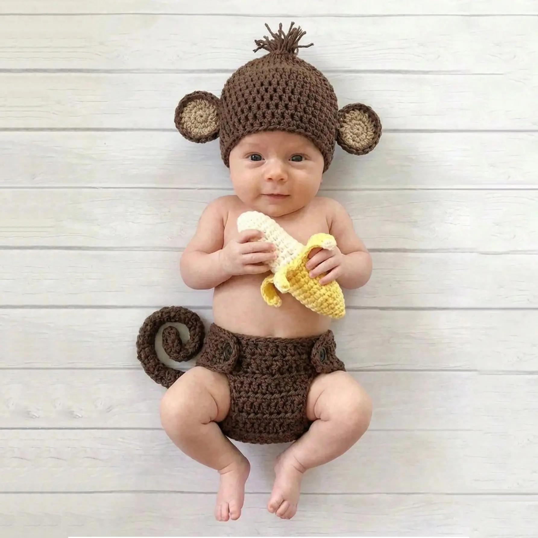 3pcs Newborn Photography Outfit Set, Monkey Hat, Diaper Cover, Banana Costume, Handmade Knitted Pants, Hat, Romper, Animal Role Play Photography Props, Gift Sets