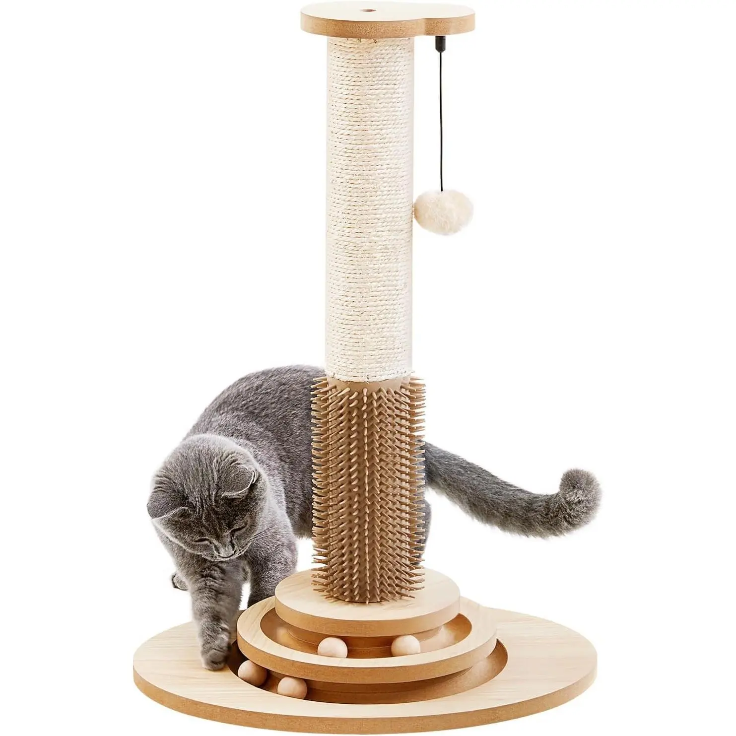 Cat Scratching Post for Indoor Cats with Self Groomer, 23" | Cat Scratcher with Natural Sisal Rope, Stable Base and Interactive Ball Track, Cat Toys for Kittens and Small Indoor Cats
