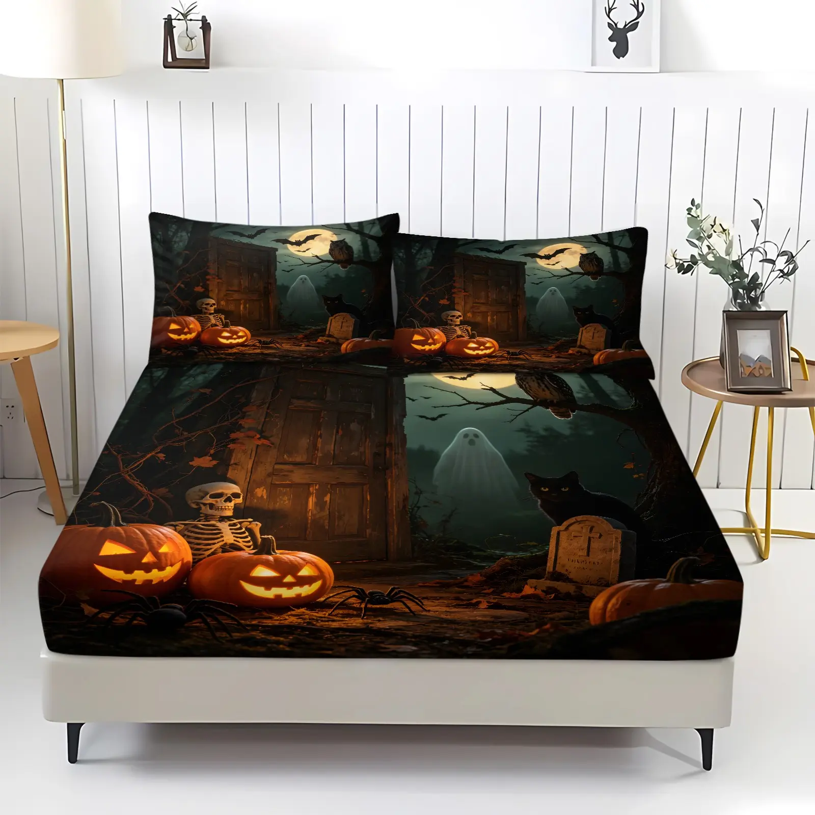 Halloween Spooky Ghost Pumpkin Fitted Sheet Set, Vintage Haunted Wooden Door Skeleton Black Cat Owl Bat Digital Print Bed sheet set, Elastic Deep Pocket Holiday Bedding Decor, Includes 2 Pillowcases - without Core