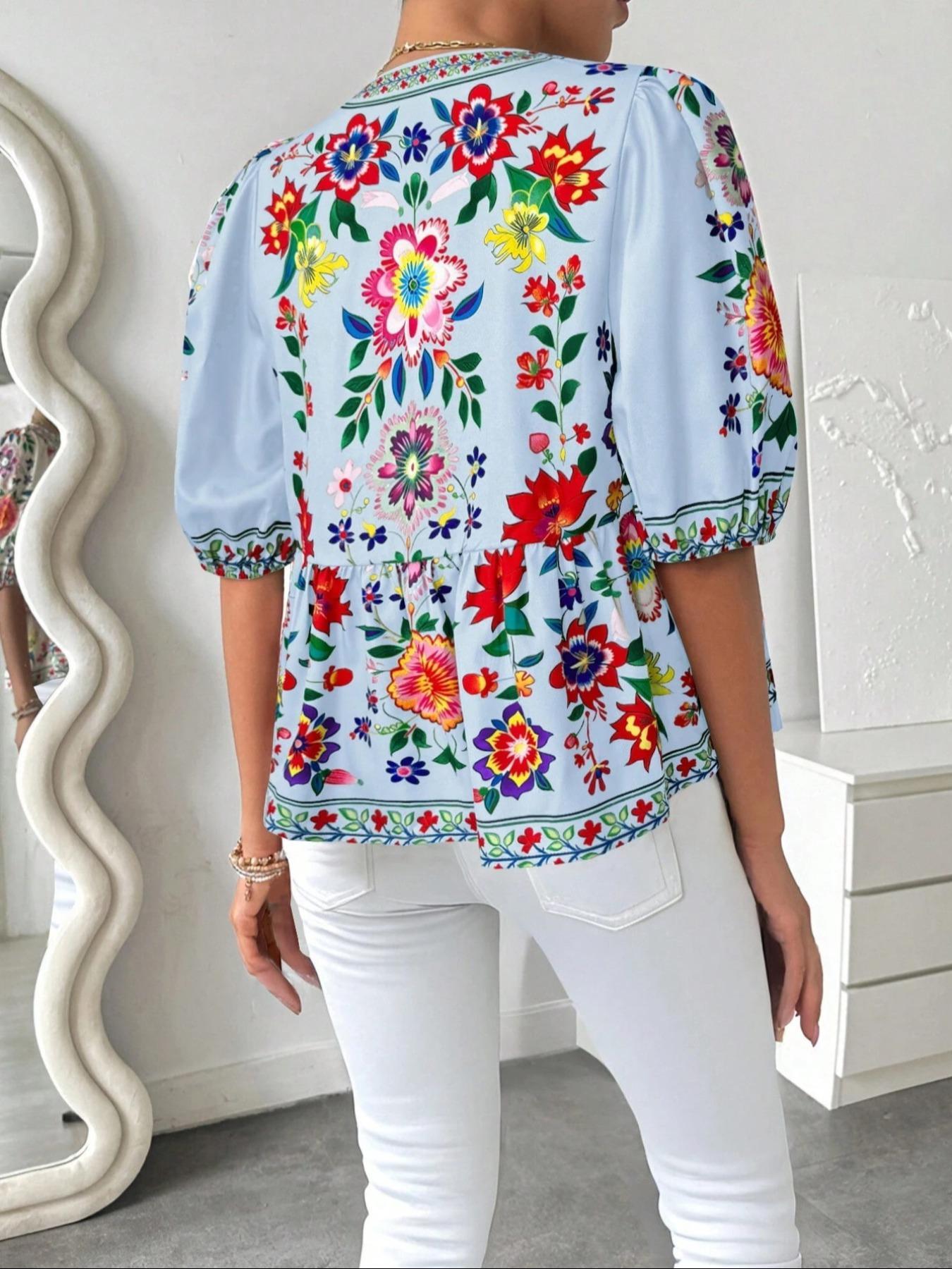 Women's Floral Print Tie Front Blouse, Boho Floral Printed, Boho Casual Fashionable Top for Daily Holiday Vacation Wear, Women Clothing for Summer, Lady, Womenswear