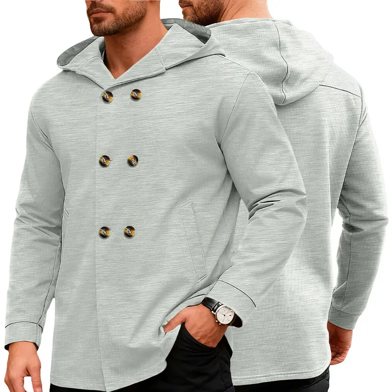 Hot-selling men's autumn hooded trench coat-slim-fit, double-breasted, mid-long length, solid color, casual/sporty style.