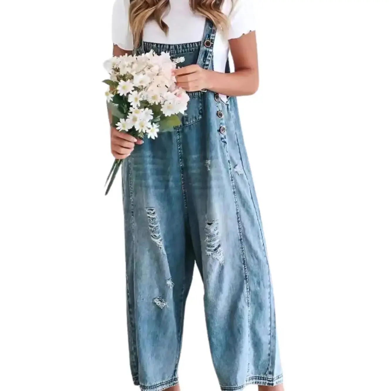 Women Minimalist Blue Loose Strappy Adjustable Strap Bib Overall Jeans Distressed Wide Leg Baggy Overalls Jumpsuit Womenswear Coveralls Casual