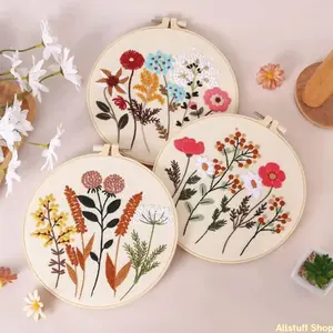 Flower Embroidery Kit for Beginners with Pattern and Instructions, 4 Pack Cross Stitch Kits, 1 Wooden Embroidery Hoops,Threads and Needles,Needlepoint Kit for Adults