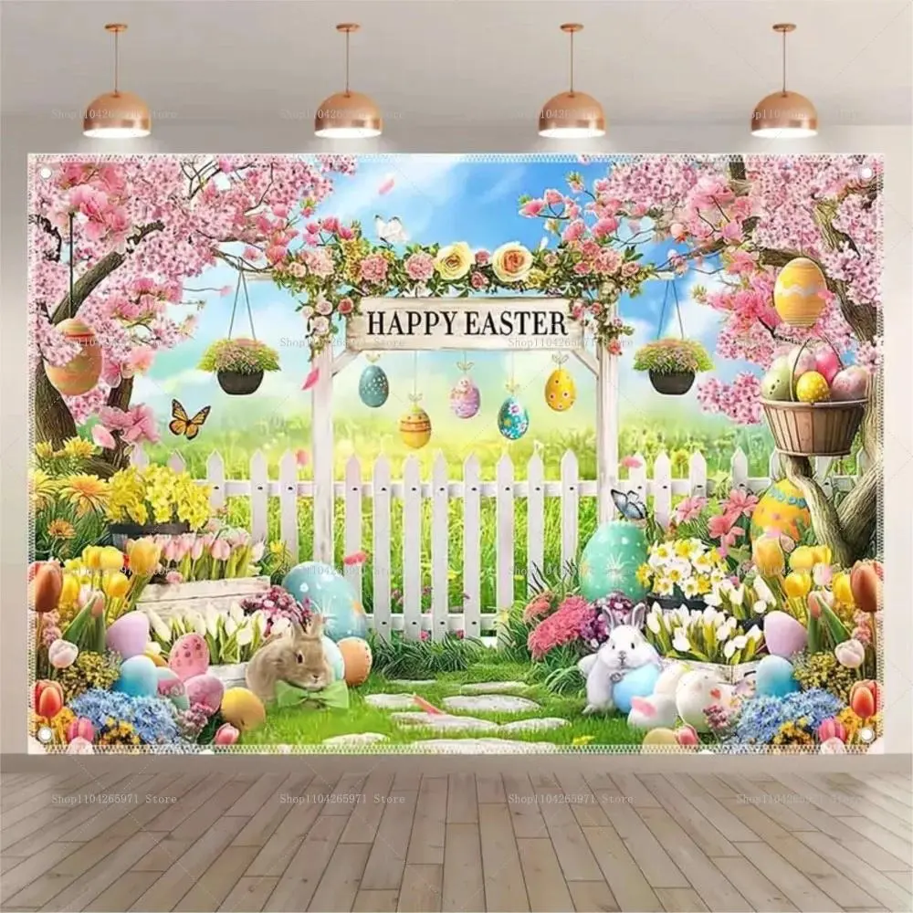 Classic Easter Bunny Eggs Floral Polyester Tapestry Wall Hanging Banner - Home Decor Room Backdrop, Family Gift for Church Events, Baby Shower, Thanksgiving, Father's Day Photo Studio Props
