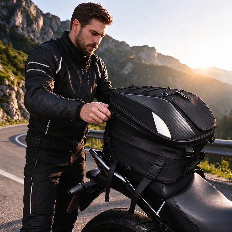 Motorcycle Tail Bag with Helmet Storage, Waterproof Large Capacity Travel Backpack with Rain Cover & Shoulder Straps for Riding, Travel & Outdoor Activities, Motorcycle Accessory