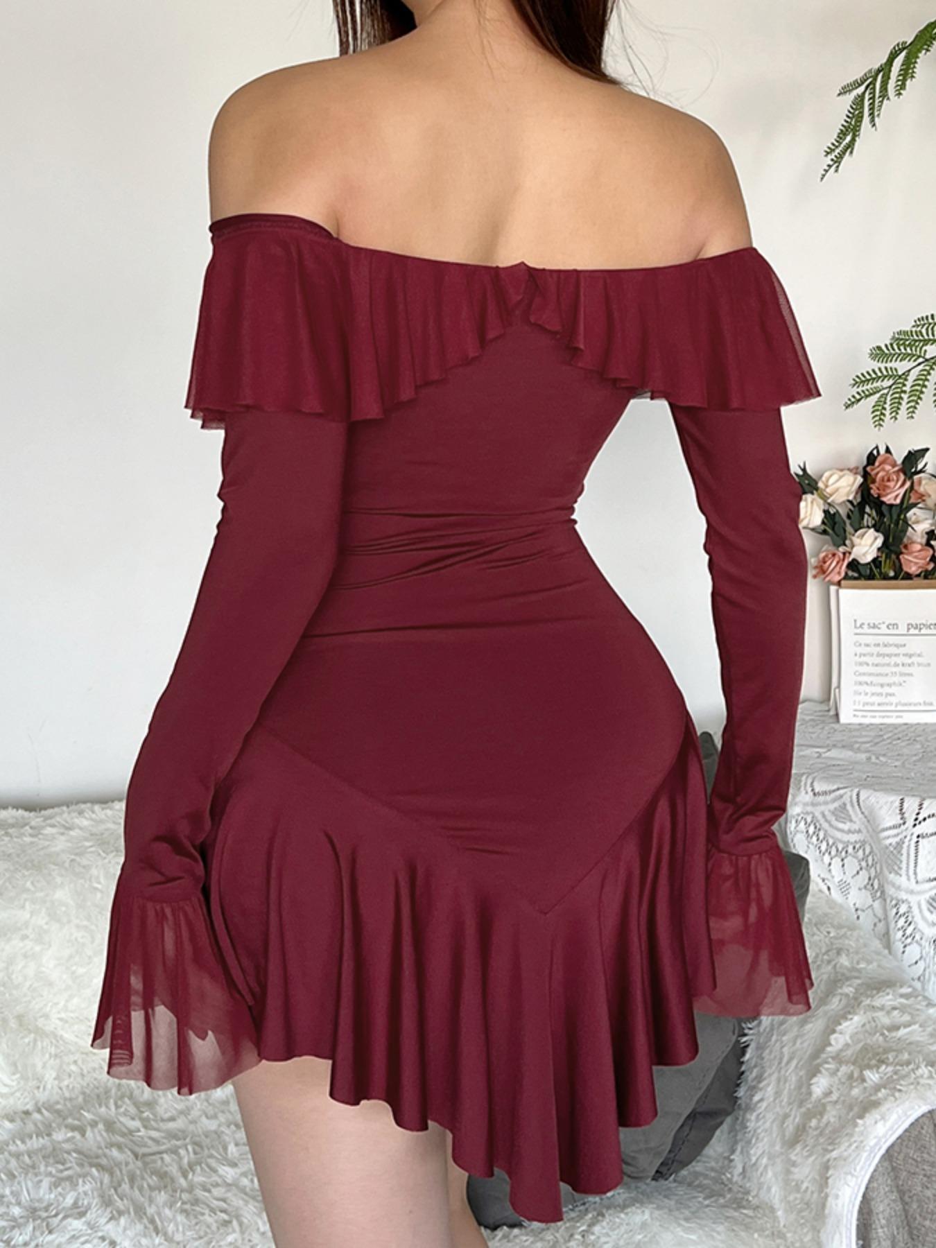 Women's Off Shoulder Ruffle Asymmetrical Hem Tie Front Dress, Lady Sexy Chic Solid Color Flounce Sleeve A Line Dress for Spring & Fall, Fashion Women's Clothes for Daily Wear, Womenswear