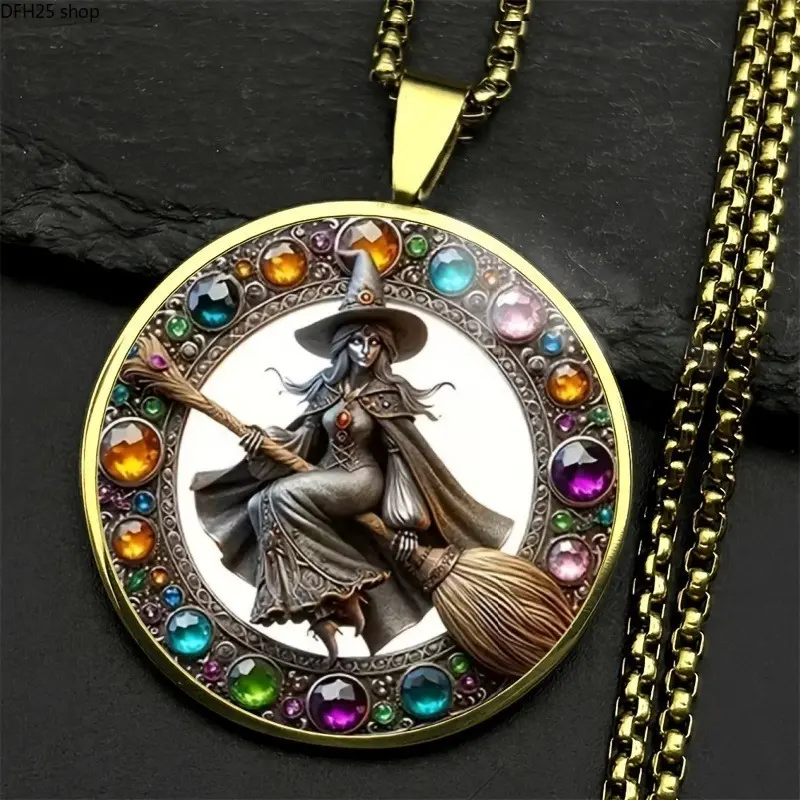 Vintage Witch Pendant Necklace, Gothic Broom Riding Witch Art Print Round Medallion Necklace, Colorful Crystal Frame Statement Jewelry, Fantasy Halloween Gift for Women & Men