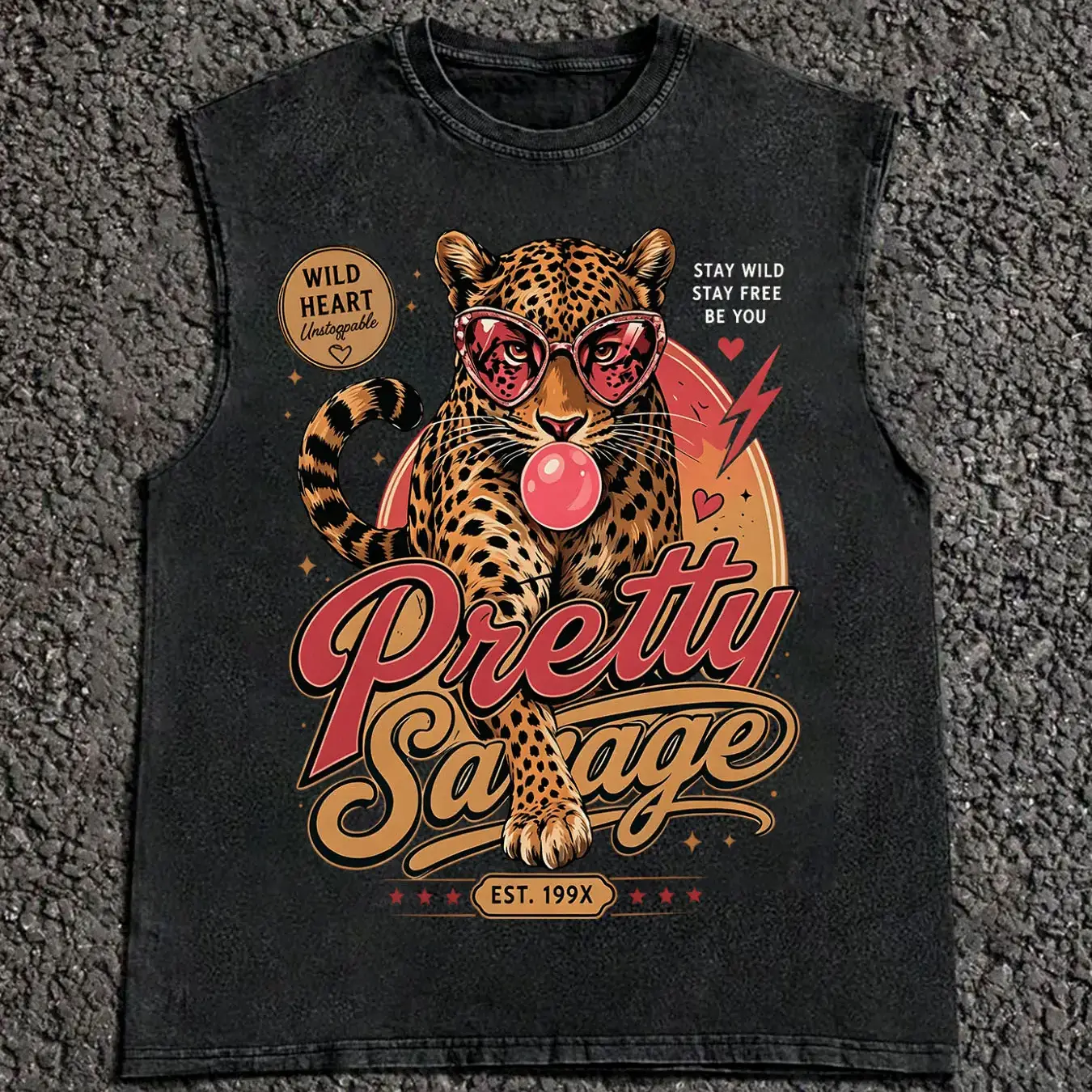 Pretty Savage Leopard Graphic Cutoff Sleeveless Shirt, Distressed Washed Casual Muscle Tank Top, Trendy Streetwear For Concerts, Road Trips, Style With Chain Necklaces & Bandana Headwear