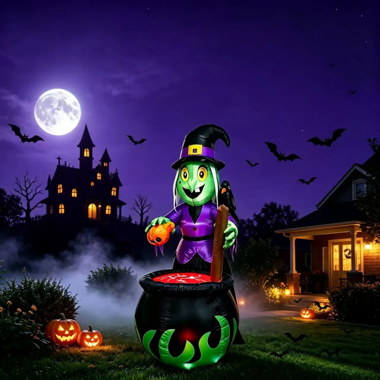 1.8 Meter Halloween Inflatable Witch Crow Cauldron, Outdoor Horror Witch Potion Making Inflatable Decoration, Halloween Garden Magic Witch Inflatable Atmosphere Ornament