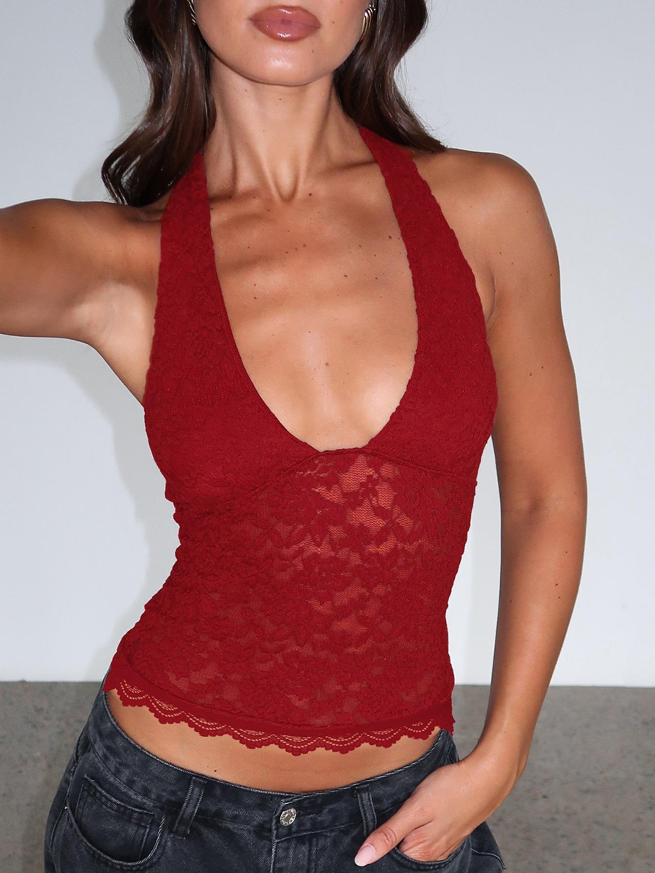 Women's Solid Sheer Backless Halter Neck Top, Fashion Casual Sleeveless Top for Daily Outdoor Wear, Ladies Clothes for All Seasons, Lace Cami Top, Womenswear