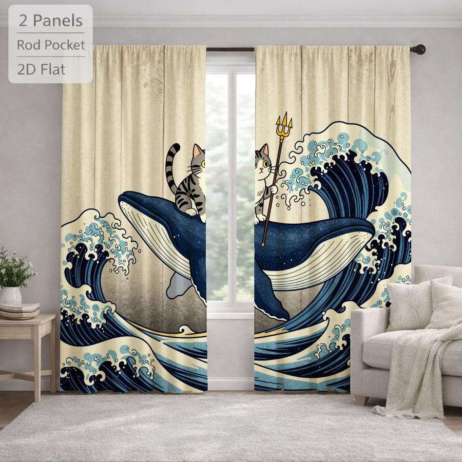 2Pcs Japanese Style Cat Whale Wave Pattern Sun Blocking Curtains Digital Printed Rod Pocket for Bedroom Office Kitchen Living Room Study Home Decor Soft Light Filter Easy Installation