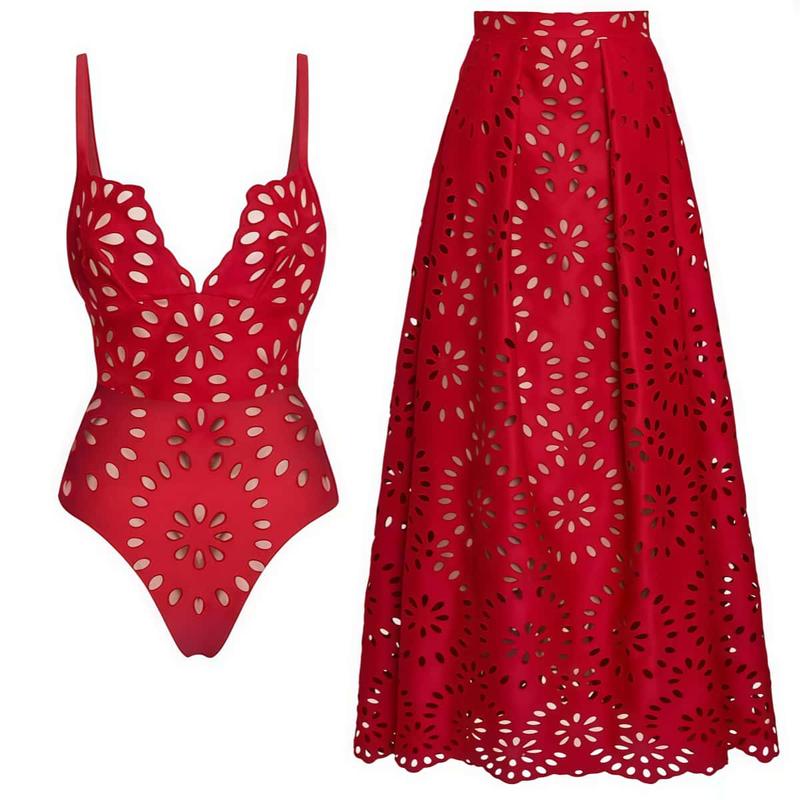 Women's Laser Cut Mesh One-Piece Swimsuit & Matching Cover Skirt Set Quick Drying Sheen Removable Pads Cold Washable Beachwear Deep V Neck Stretchy Swimwear Stylish Bathing Suit Beachwear